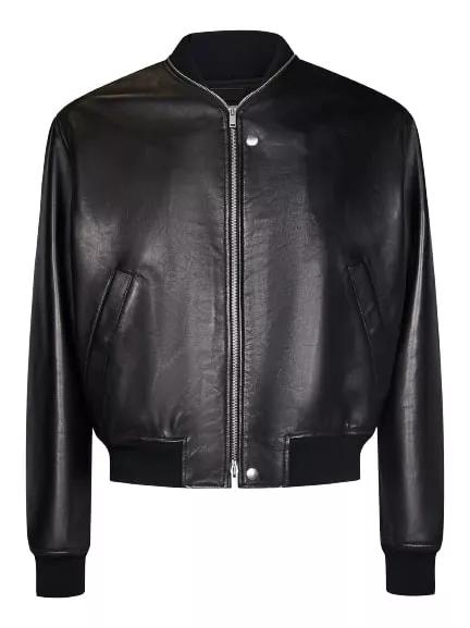 Black Smooth Leather Bomber Jacket Black
