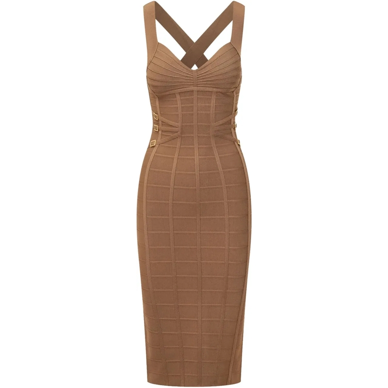 Elisabetta Franchi Maxikleid Abito Midi in Maglia con Spalline Incrociate beige