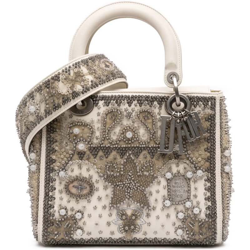 Christian Dior Schultertasche Medium Lambskin Embroidered and Beaded Lady D Lite braun