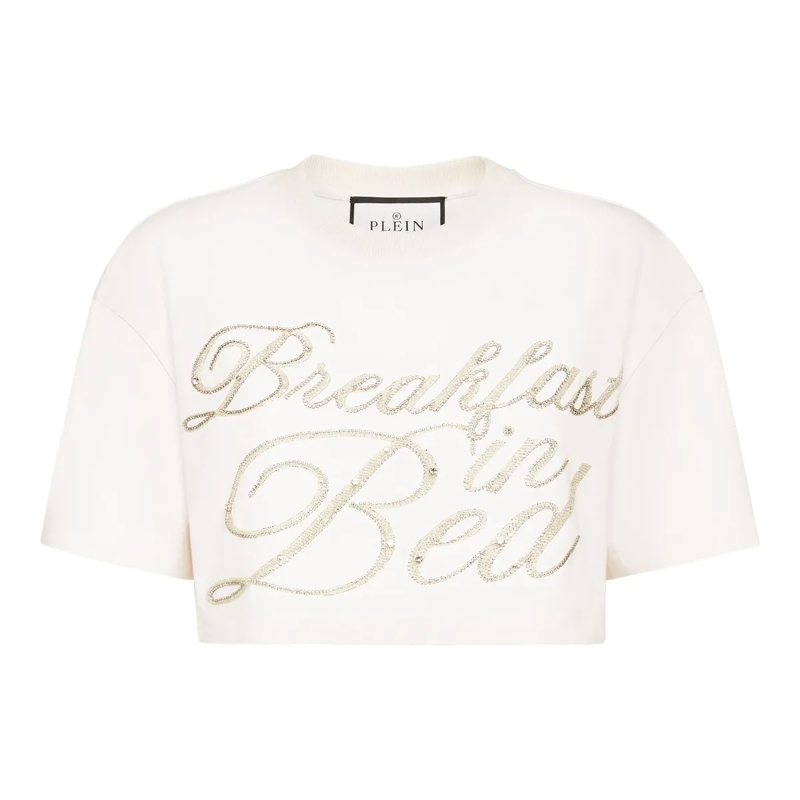 Philipp Plein Top T-Shirt Rundhalsausschnitt Ls Crystal Verziert weiss