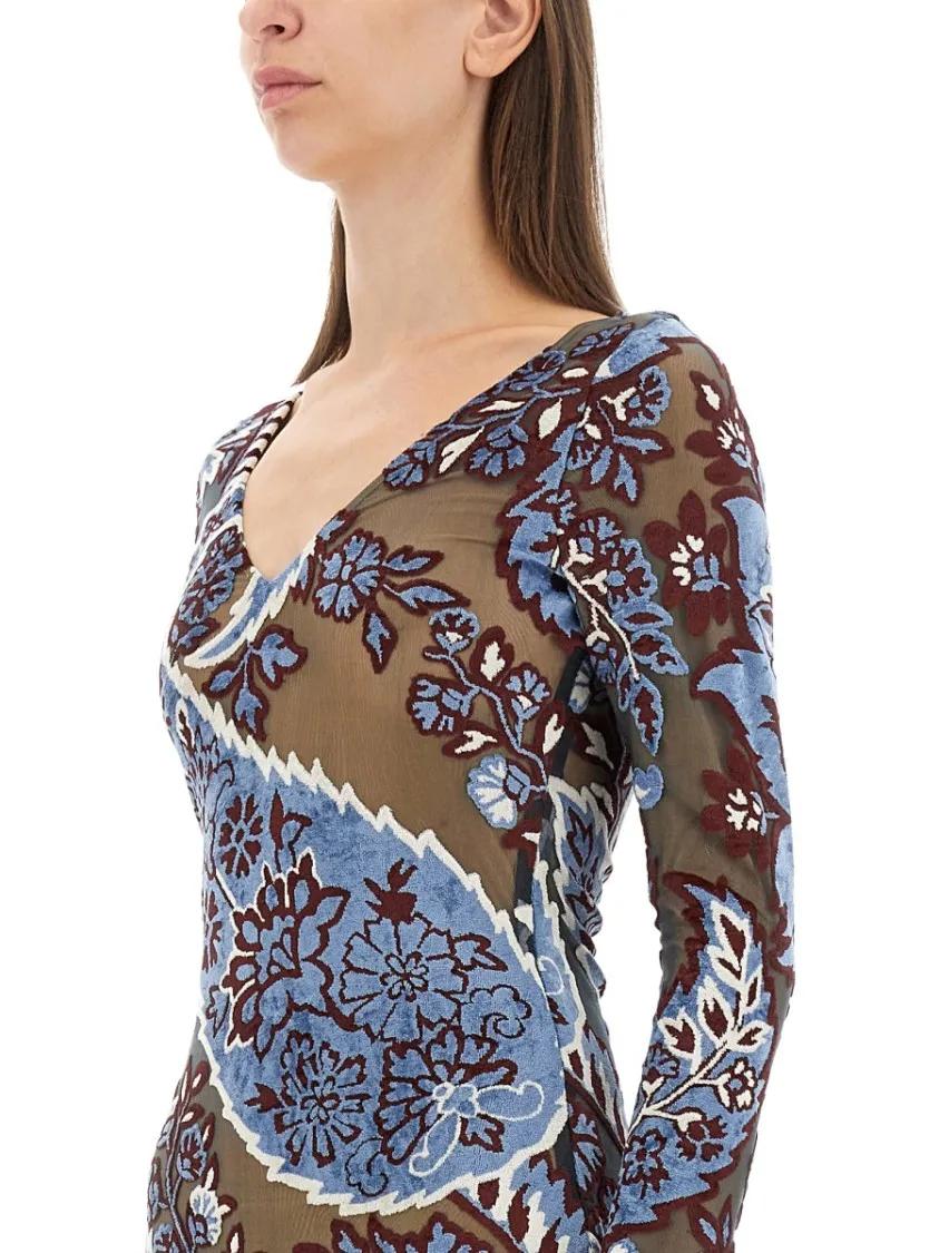 Etro Velvet Jacquard Tulle Dress Blue | Robe midi