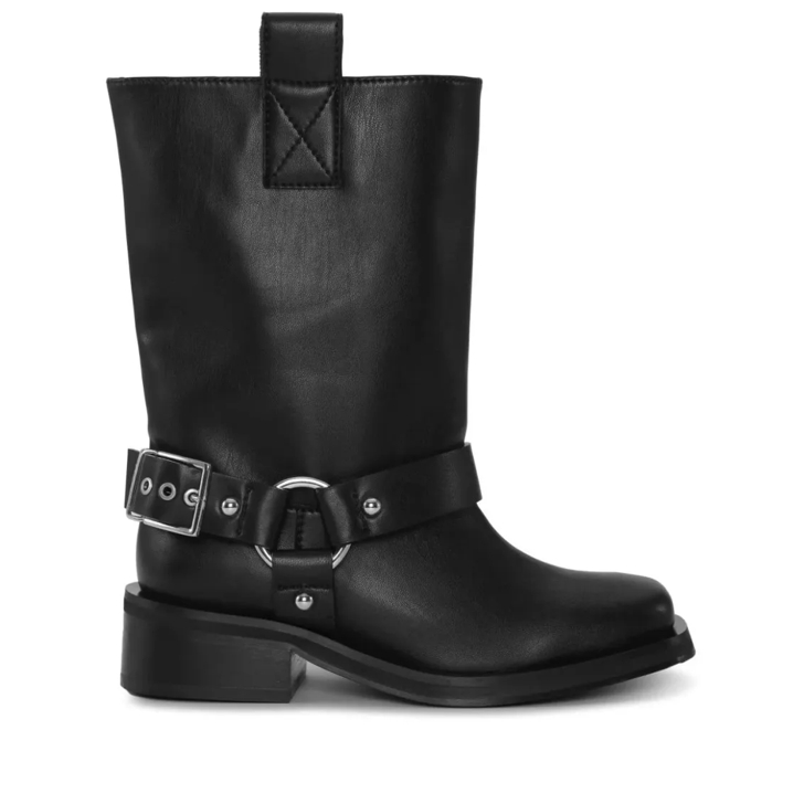 GANNI Buckle Strap Leather Biker Boots Black Stiefel