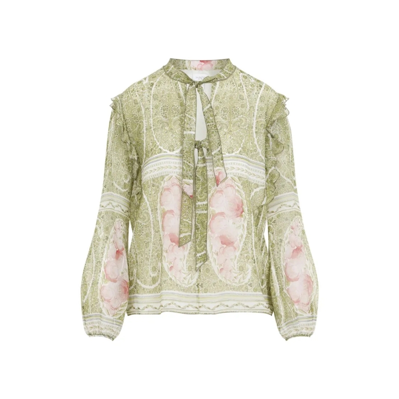 Giambattista Valli Blouse Silk Floral Print Blouse With Ruffled Sleeves Green