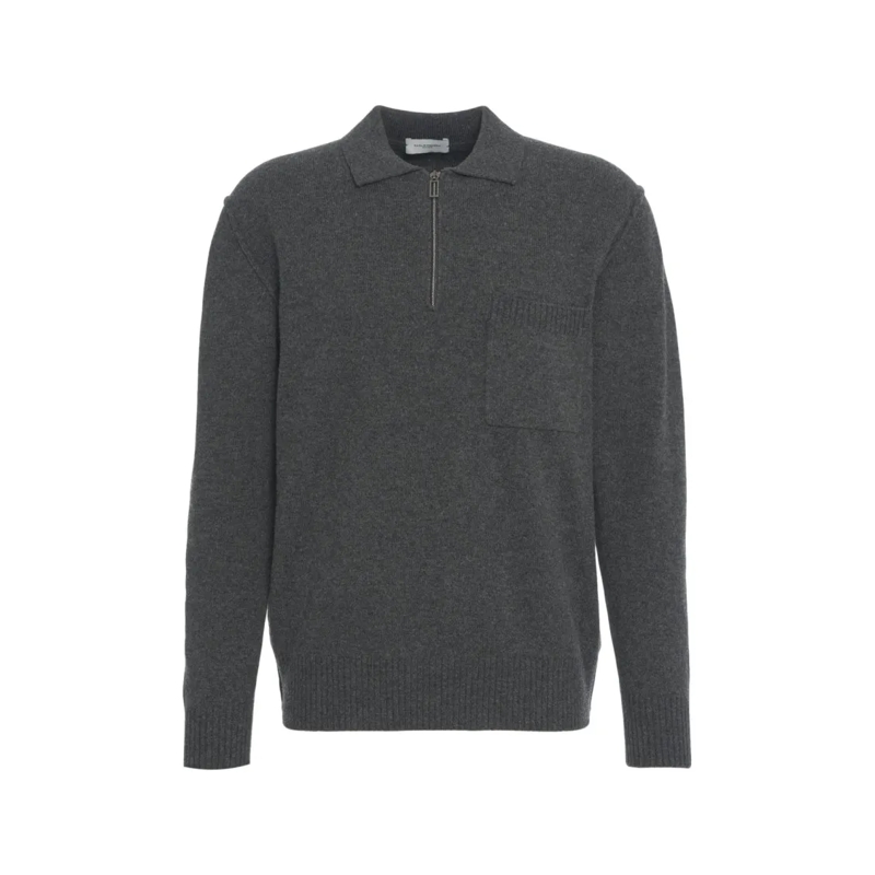 Paolo Pecora Pullover Dark Grey T-Neck Knitwear With Classic Polo Collar Grey