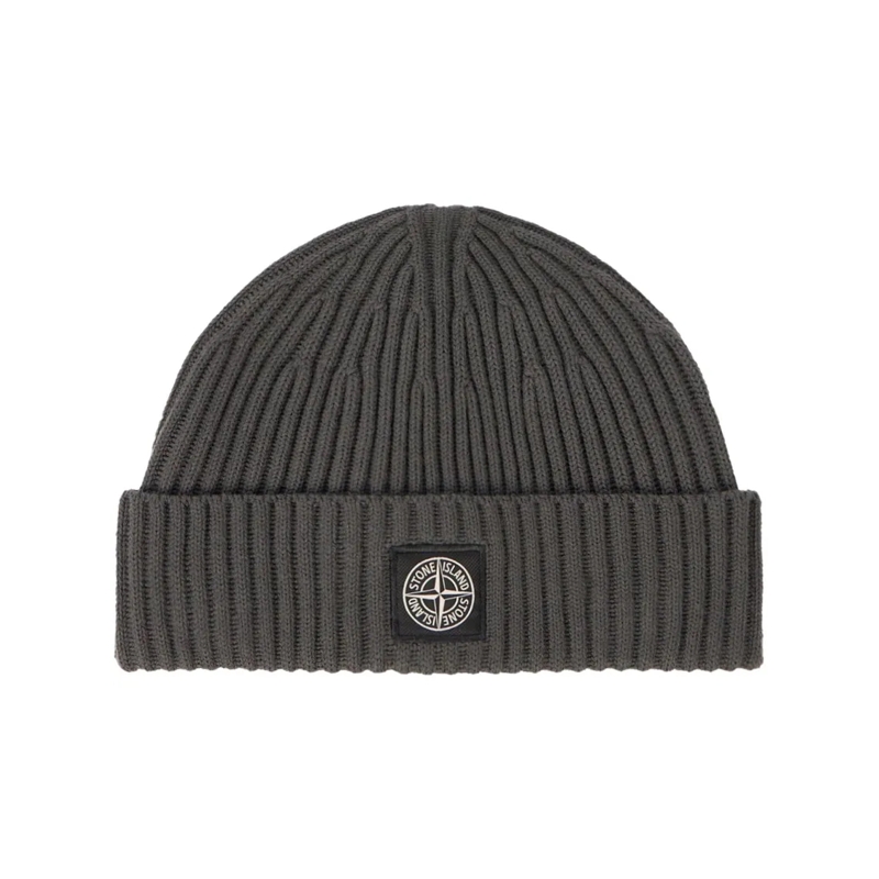Stone Island Hoed Ribbed Knit Beanie With Folded Cuff And Logo Patch Grey