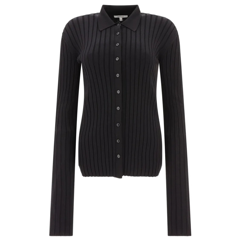 Nensi Dojaka Chemisier Fitted Black Ribbed Button-Down Shirt Black