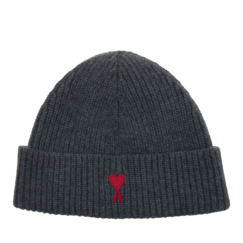 AMI Paris Wollmütze Beanie mit Logo aus Schurwolle Grau