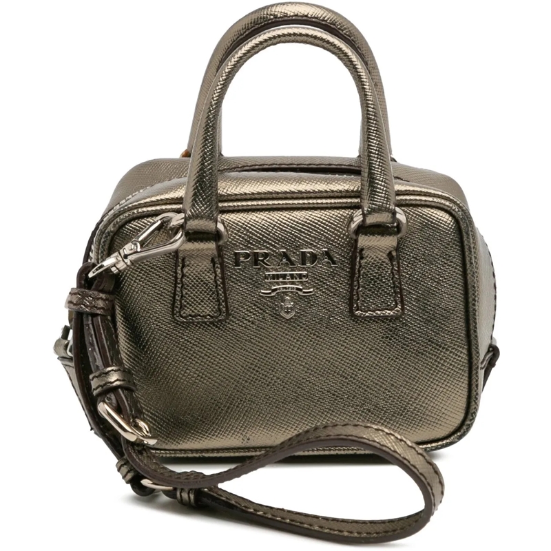 Prada  Mini Metallic Saffiano Top Handle Bag Charm grau