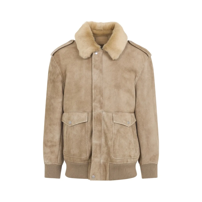 Prada Leren jas Suede Leather Jacket With Plush Fur Collar Neutrals