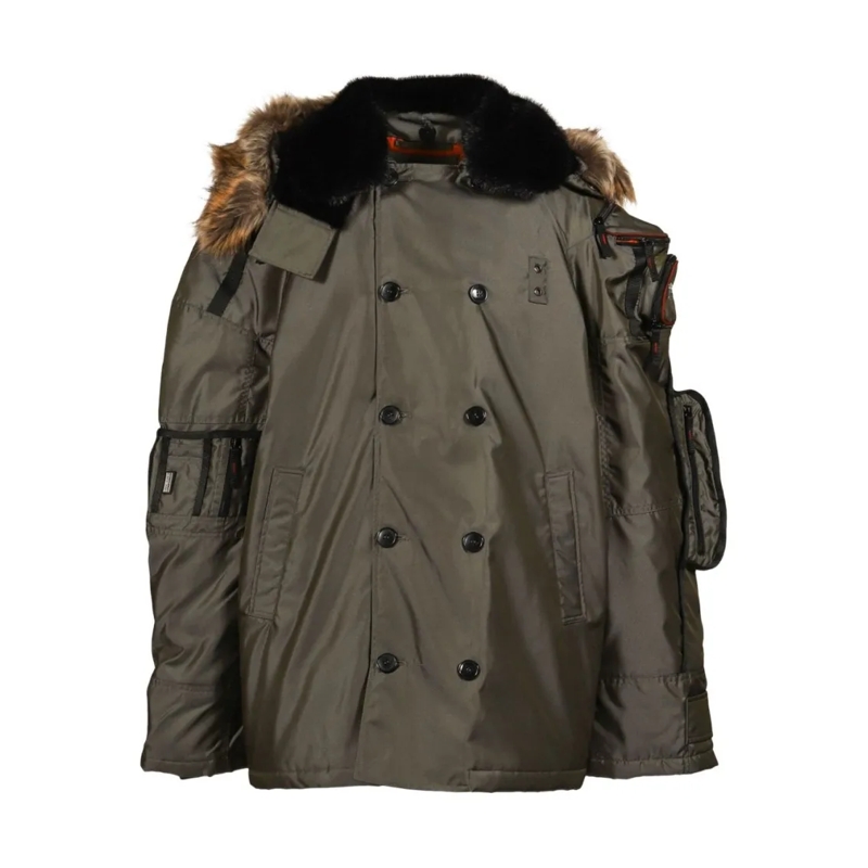 Martine Rose Parka Double-Breasted Nylon Jacket With Fur-Trimmed Hood Grey