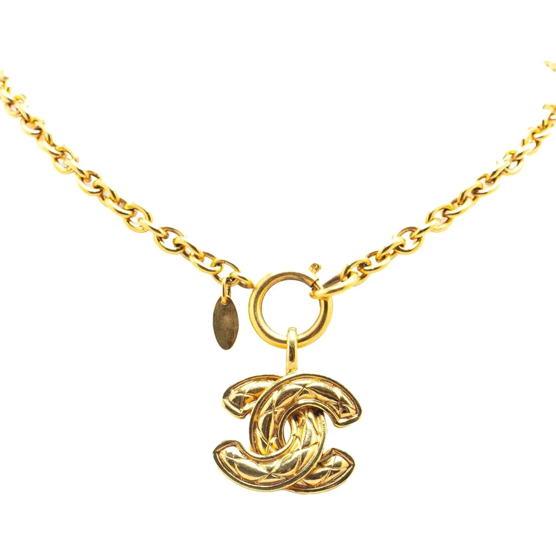 Chanel Mittellange Halskette Gold Plated CC Quilted Pendant Necklace gold