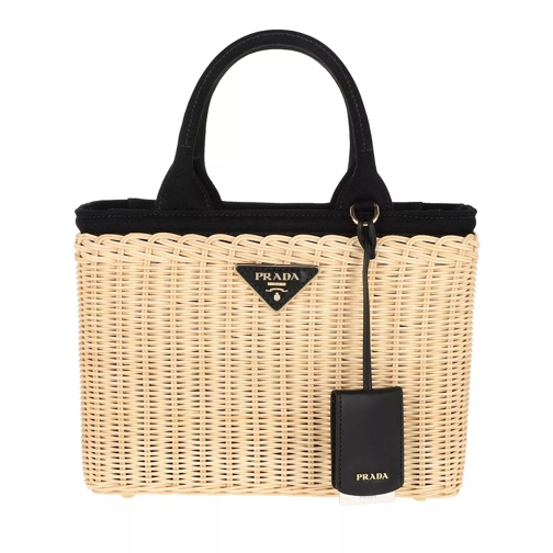 Prada Wicker and Canvas Handbag Tan Black Fourre-tout