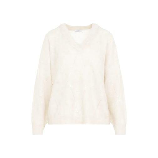 Brunello Cucinelli Pullover V Neck Mohair Diamond Sweater White