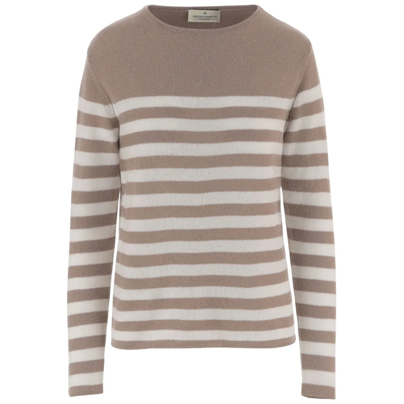 BRUNO MANETTI Pull All-Over Striped Cashmere Sweater With Crew Neck Brown
