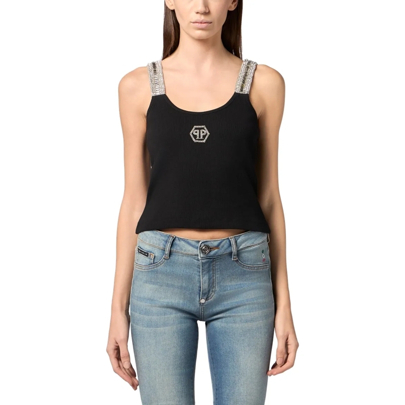 Philipp Plein Top Rib Tank Top Strass Hexagon schwarz(Image 3)