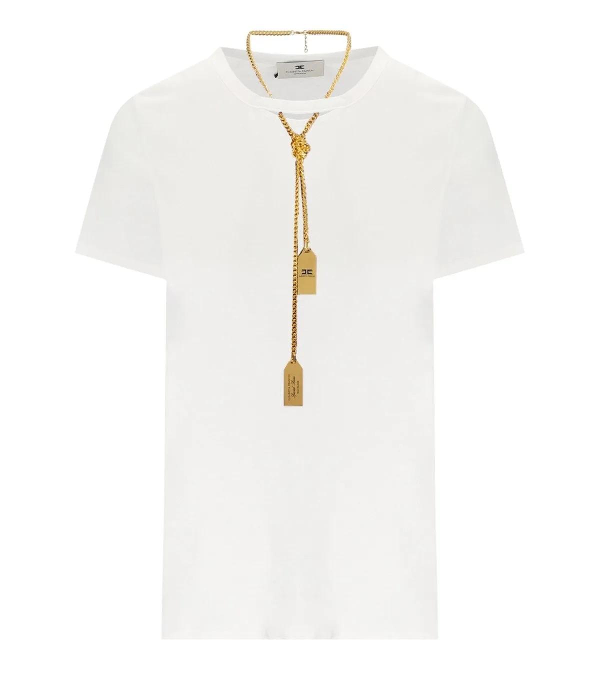 Elisabetta Franchi - ELISABETTA FRANCHI WEISSES T-SHIRT MIT KETTE - Größe 40 - weiß