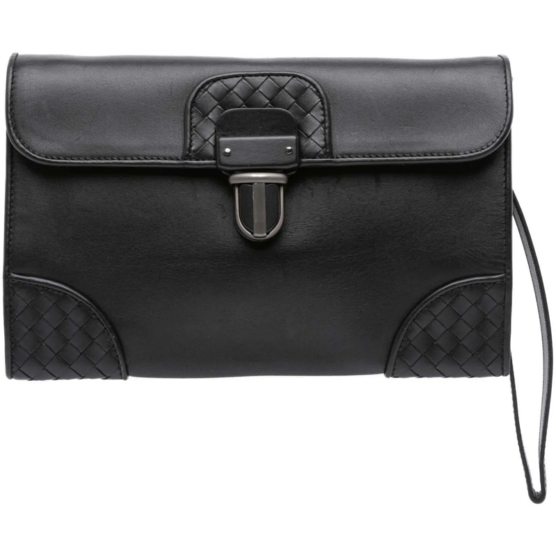 Bottega Veneta Pochette Intrecciato Trimmed Nappa Slide Lock Clutch schwarz