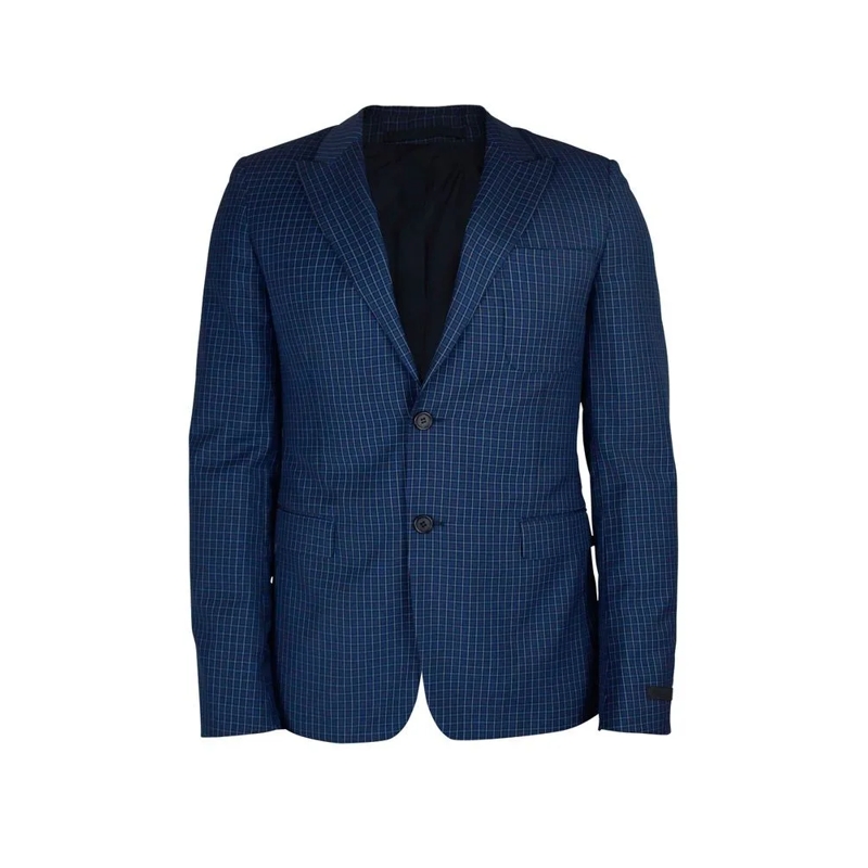 Prada Blazer Tailored Blue Wool Jacket With Checkered Pattern Black