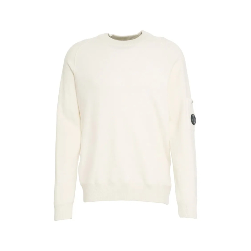 CP Company Pullover Crew Neck Knit Sweater With Iconic Lens Logo Neutrals