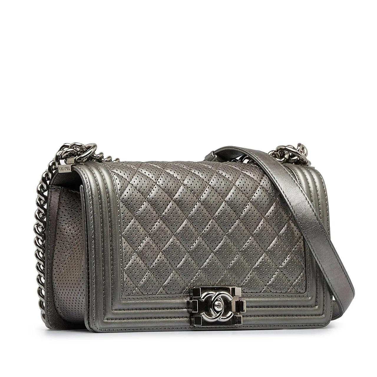 Chanel Hobo bags Medium Perforated Lambskin Boy Flap in zilver