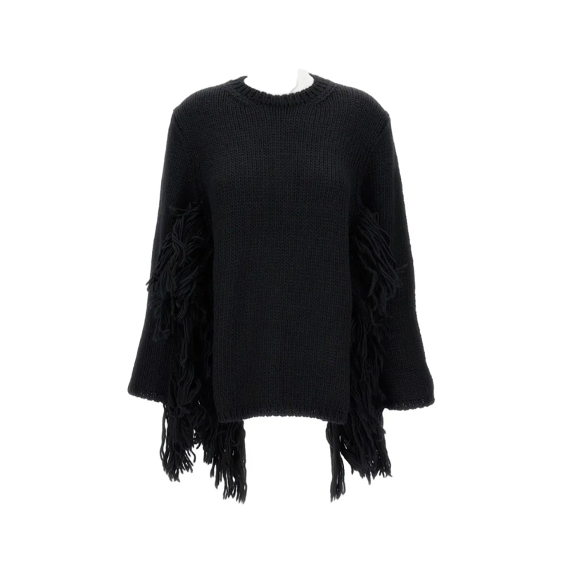 Comme des Garcons Pullover Wide Cable Knit Sweater With Fringed Detail Black