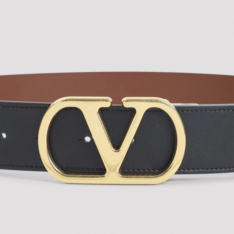 Valentino Garavani Riem Reversible Calf Leather Belt With Distinctive Gold Black