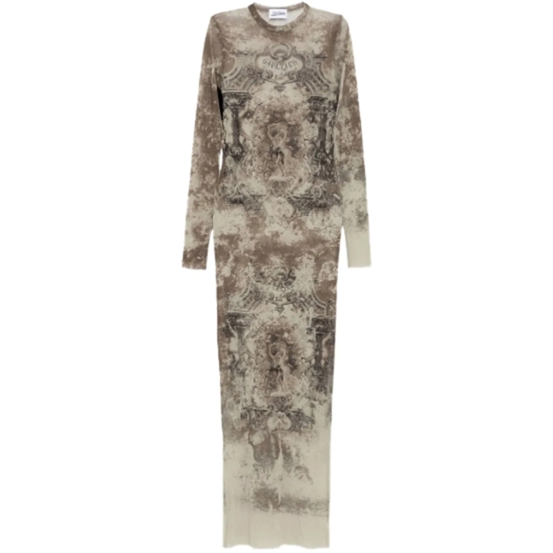 Jean Paul Gaultier Midikleid Mesh Long Dress Printed "medaillon" Lightbeige/tau beige