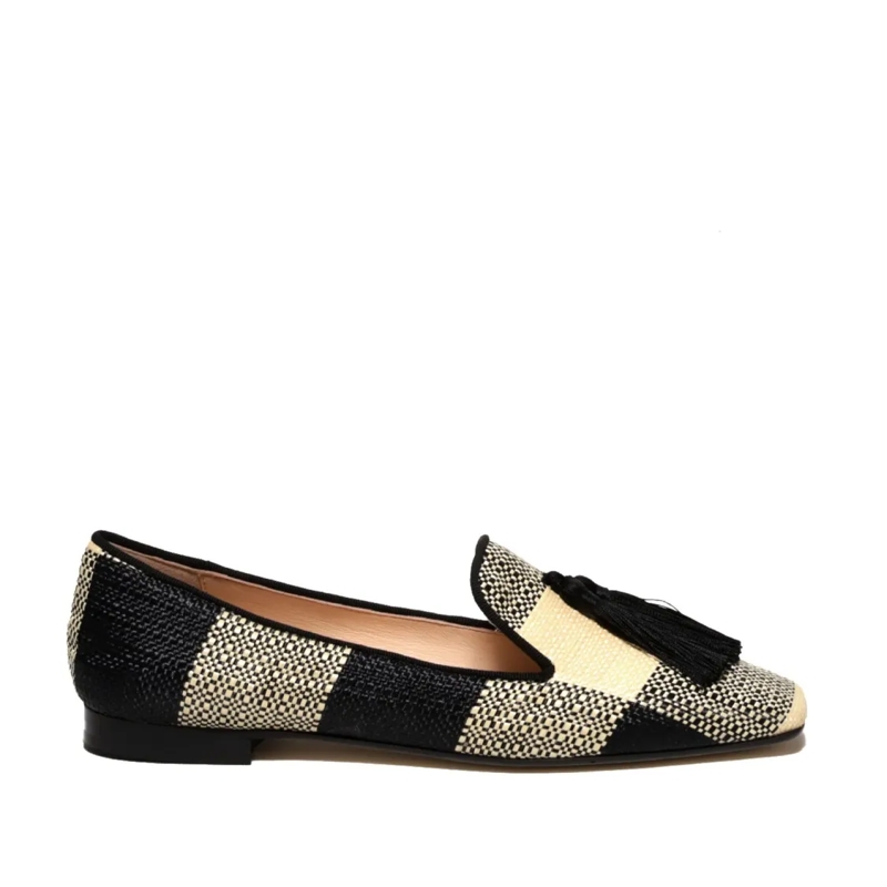Prosperine Ballerines Ivory Black Checkered Raffia Slipper With Silk Tas Black