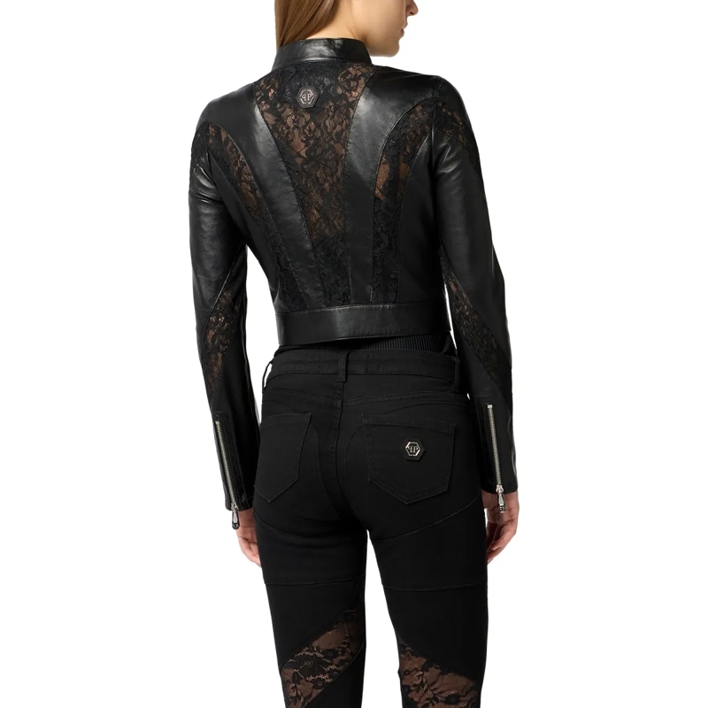 Philipp Plein Lederjacke Fitted Biker Jacket With Lace Inserts schwarz(Image 2)