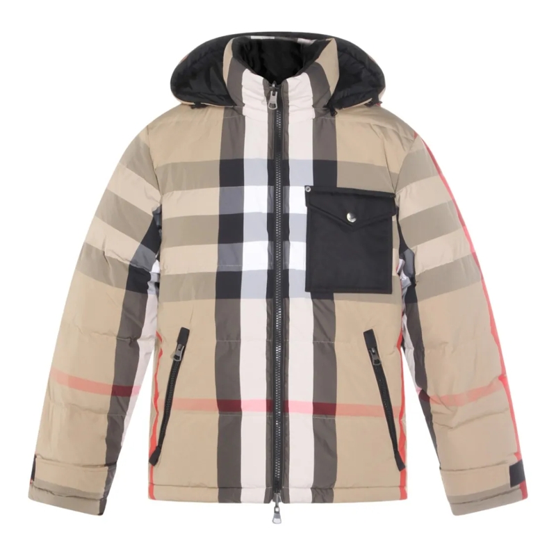 Burberry Doudoune Padded Check Pattern Coat With Hood Neutrals