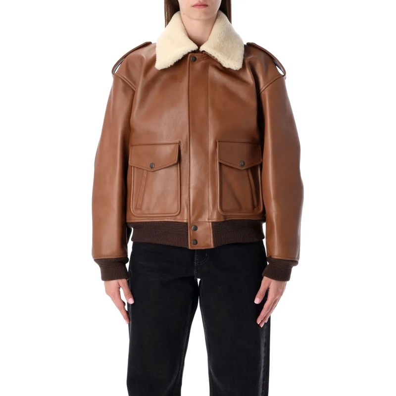 Saint Laurent Leren jas Brown Leather Bomber Jacket With Shearling Collar Brown