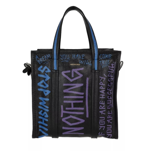 Balenciaga Graffiti Bazar Shopper Tote Bag Leather Black/Blue Rymlig shoppingväska