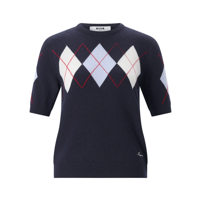 MSGM Pullover Kurzarmpullover aus Merinowolle und Kaschmir dunkelblau