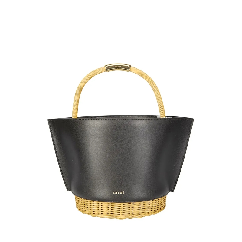 Sacai Bucket Bag Medium Basket With Leather Base And Woven Rattan S Grey