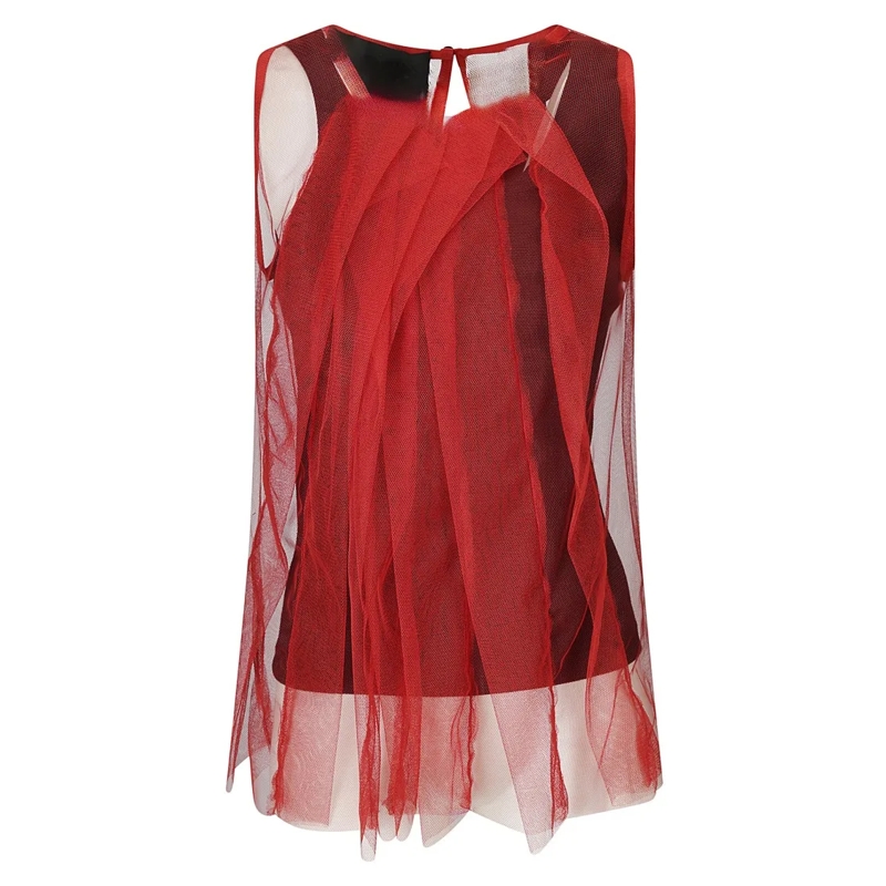 Maria Calderara Blouse Sleeveless Cotton Top With Contrasting Tulle Overl Red