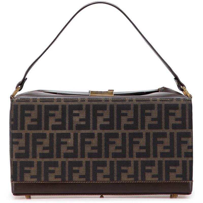 Fendi Tote Zucca Canvas Push Lock Box Handbag braun