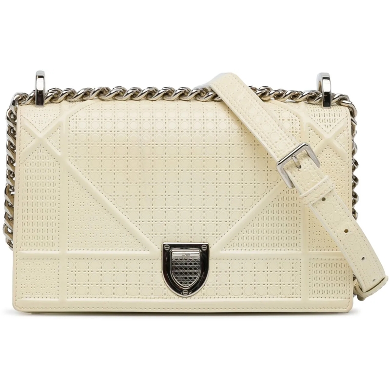 Christian Dior Schultertasche Medium Patent Diorama weiß