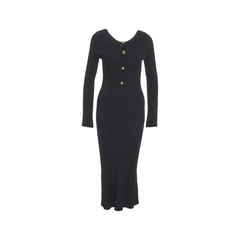 Marciano by Guess  Ribbed Knit Maxi Dress With Decorative Gold Button Black