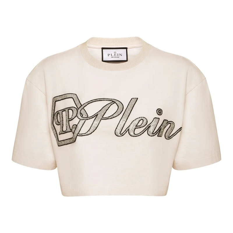 Philipp Plein Top T-Shirt Signature Mit Schmucksteinen weiss