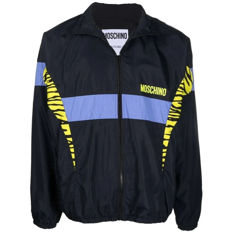 Moschino  Long Black Jacket With Bold Stripes And Tiger Acce Black