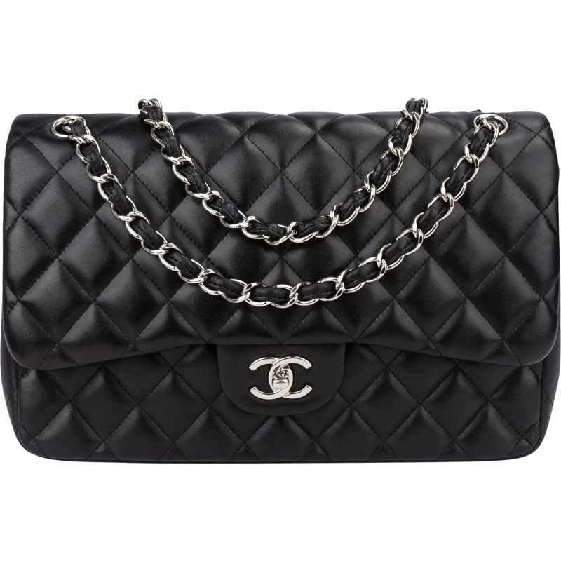 Chanel Schultertasche Chanel Quilted Lambskin Palladium Jumbo Double Fla schwarz