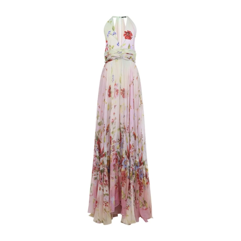 Roberto Cavalli  Silk Maxi Dress With Deep V-Neckline And Floral Pr Pink