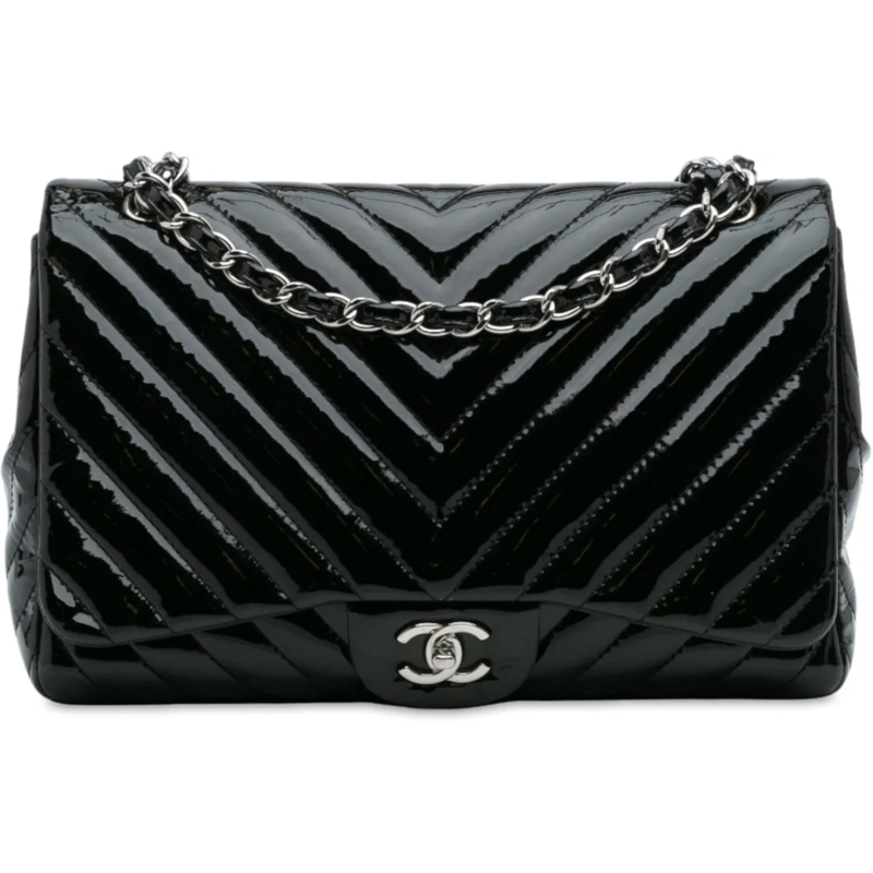 Chanel Sac à bandoulière Jumbo Classic Chevron Patent Single Flap schwarz