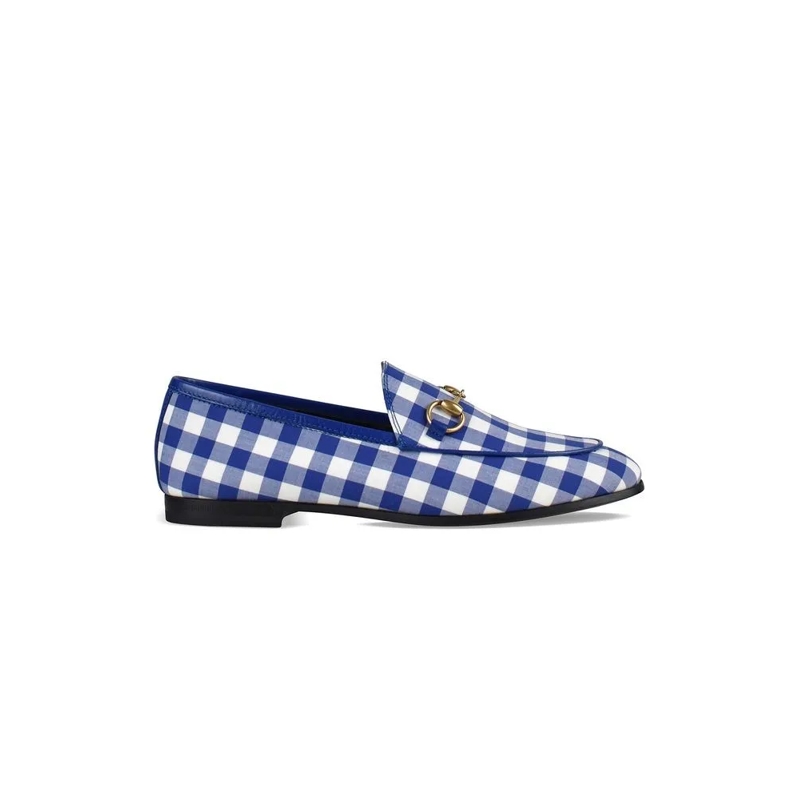 Gucci Ballerinas Gingham Fabric Loafers With Gold-Tone Accent Blue