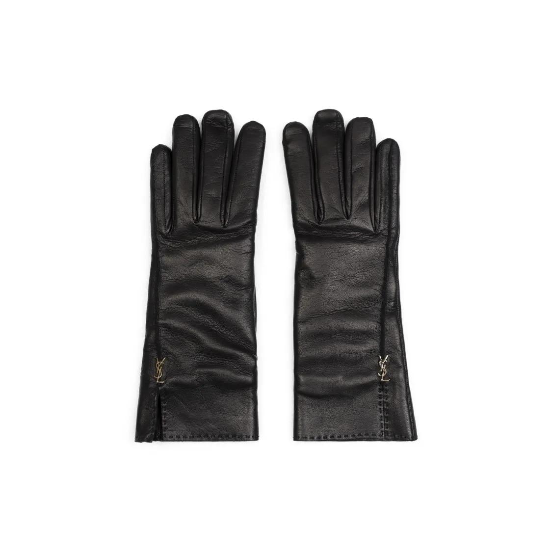 Saint Laurent Handschuhe - Black Leather Rivet Gloves - Gr. 6.5 - in Schwarz - für Damen