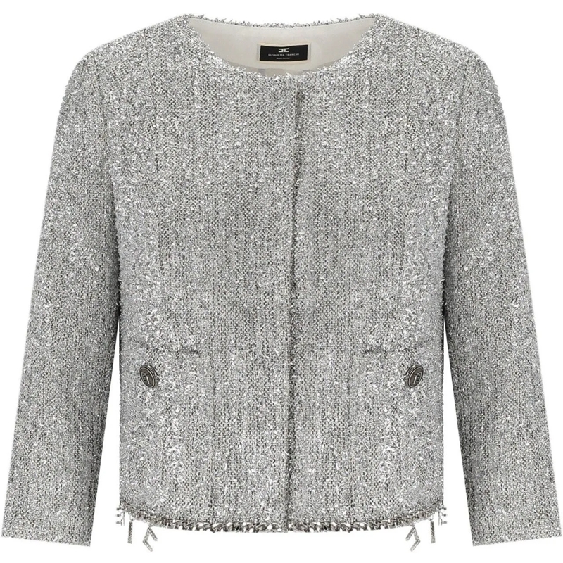 Elisabetta Franchi Blazer Silver Cropped Jacket With Charms Grey