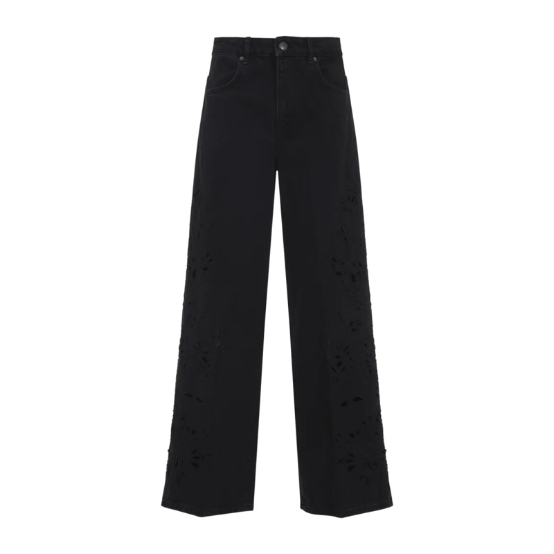 Farm Rio Jeans High-Waisted Wide-Leg Jeans With Floral Cut-Out Em Black