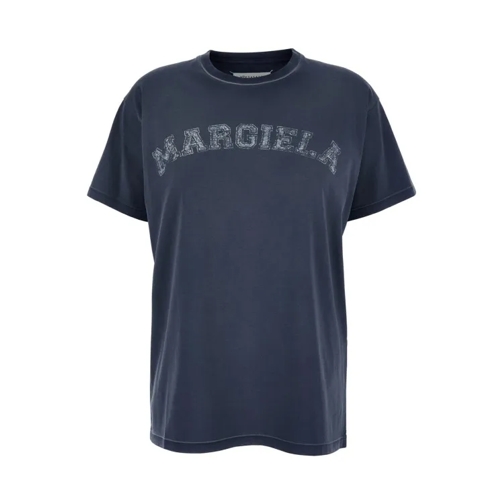 Maison Margiela Blue Crewneck T-Shirt With Logo Lettering Print In Blue 