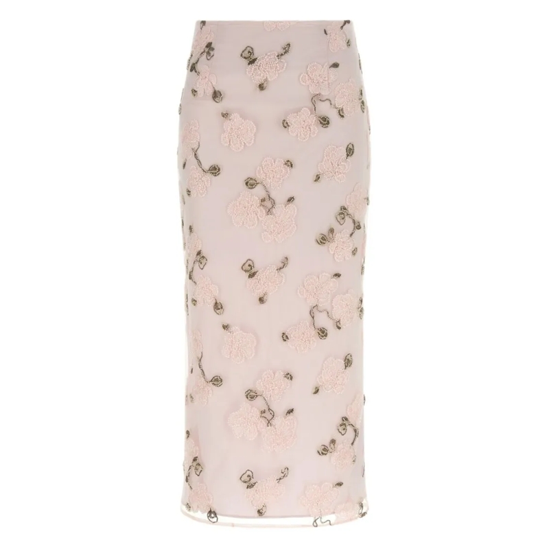 Rotate Midirok Floral-Embroidered Midi Skirt With Sheer Finish Pink