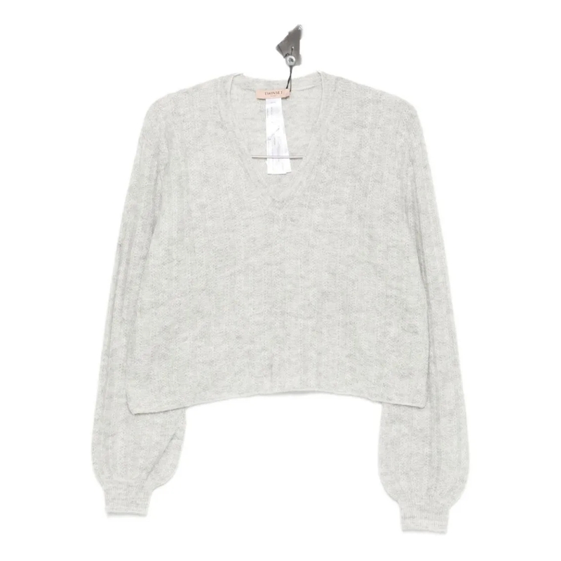 Twin-Set Pull Cropped V-Neck Sweater With Balloon Sleeves And Te Grey